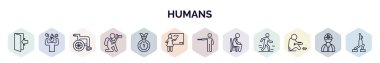 set of humans web icons in outline style. thin line icons such as come in, angry man, wheel chair, nature photographer, first prize, teachers, showin, sitting down, begging icon. clipart