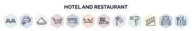 Otel ve restoran web sitelerinin ana hatları. Yatak, sıcak taşlar, resepsiyon zili, hamak, çıkış, yemek, araba kiralama, oda anahtarı, merdiven ikonu gibi ince çizgi simgeleri.