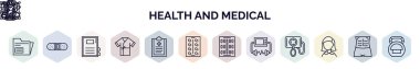 Sağlık ve tıbbi web simgeleri ana hatları şekillerinde. Plaklar, yara bandı, tıp kitabı, hasta önlüğü, tıbbi kontrol listesi, şerit, doğum kontrol hapları, defibrilatör, kız,