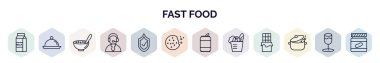 Anahat tarzında bir grup fast food ikonu. Süt şişesi, yemek servisi, tahıl gevreği, operatör, garanti, bisküvi, konserve, yemek ikonu gibi ince çizgi simgeleri.