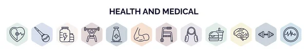 set of health and medical web icons in outline style. thin line icons such as cardiology, enema, proteins, weightlifting, medical substance, biceps, medical walker, handgrip, neurology icon.