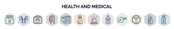 set of health and medical web icons in outline style. thin line icons such as medical result, urology, veterinary, medical drip, nutrition, salt, emergency, syrup, non ionizing radiation