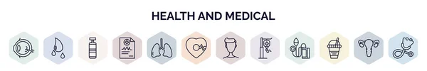set of health and medical web icons in outline style. thin line icons such as ophthalmology, blood, punching bag, medical report, lung, beat, boy, saline, juice icon.