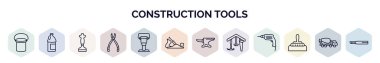 Yapı araçları set web simgeleri ana hatları tarzı. İnce çizgi simgeleri örneğin kova, galon yağı, destek, kerpeten, rammer, kriko uçağı, örs, ev onarımı, inşaat işleri simgesi.