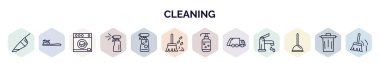 Taslak biçiminde temizlik web simgeleri seti. Elektrik süpürgesi, diş macunu temizleme, temizlik, temizlik, sprey temizleme aleti, parfüm temizleme, sabun, çöp kamyonu pompası gibi ince çizgi simgeleri
