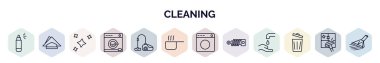Taslak biçiminde temizlik web simgeleri seti. Sprey, peçete, temizlik, çamaşır yıkama, süpürge, sıcak su, çamaşırhane, süspansiyon, çöp simgesi gibi ince çizgi simgeleri.