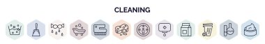 Taslak biçiminde temizlik web simgeleri seti. Islak, faraş, sıkma, küvet temizliği, fırça, sünger, sterilizasyon, sabun, çöp ikonu gibi ince çizgi simgeleri.