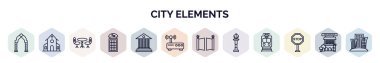 Şehir elemanları web simgeleri ana hatlar biçiminde dizilmiştir. Kemer, kilise, sandalye ve masa, telefon kulübesi, hükümet binaları, silah, kapı, sokak lambası, dur ikonu gibi ince çizgi simgeleri.