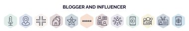 Blogcu ve etkili web simgelerinin ana hatları. Mikrofon, yer tutucu, şöhret, ev, ünlü, derecelendirme, sohbet, sosyal ağ, kamera simgesi gibi ince çizgi simgeleri.