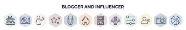 Blogcu ve etkili web simgelerinin ana hatları. Kopya yazarı, vinil, selfie, yıldız, mıknatıs, ateş, makyaj paleti, iletişim, takip simgesi gibi ince çizgi simgeleri.