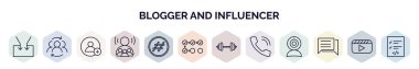 Blogcu ve etkili web simgelerinin ana hatları. Besleme, topluluk, takipçi, etkileyici, hashtag, sayma, ağırlık, telefon, yorum simgesi gibi ince çizgi simgeleri.
