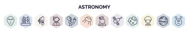 Astronomi web simgelerinin ana hatları. İnce çizgi simgeleri gibi küçük dünya dışı, jeneratör, jet pack, uzay adamı, dünya dışı, büyük UFO, uzay robotu, eğimli uydu, kapsül