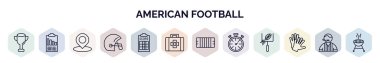 Amerikan futbolu web sitesi ikonlarının ana hatları. Kupa, sonuç, pozisyon, futbol kaskı, skor, ilk yardım kiti, Amerikan futbol markası, kronometre, eldiven simgesi gibi ince çizgi simgeleri.