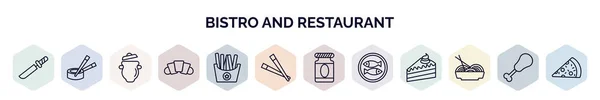 一套轮廓风格的小酒馆和餐厅网络图标 细线图标 如薄刀 烤羊角面包 薯条盒 厨房鱼 — 图库矢量图片