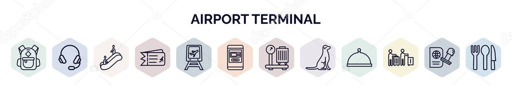 set of airport terminal web icons in outline style. thin line icons such as big backpack, airport headphones, or up, two plane tickets, train to the airport, atm, baggage scale, sitting dog, queue,
