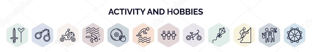 set of activity and hobbies web icons in outline style. thin line icons such as cosplaying, arrest, motorcycle riding, diving, disc jockey, jumping to the water, foosball, bmx, mountaineering,