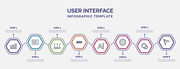 具有图标和8个选项或步骤的信息图形模板 用于用户界面概念的信息图表 包括递减条形图 方块条形图 横线横线 字母尺寸 — 图库矢量图片