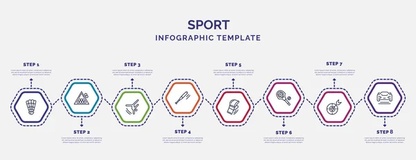 infographic template with icons and 8 options or steps. infographic for sport concept. included shuttlecock, tumbling, baseball bat, mixed martial arts, lacrosse, dart board, formula racing icons.