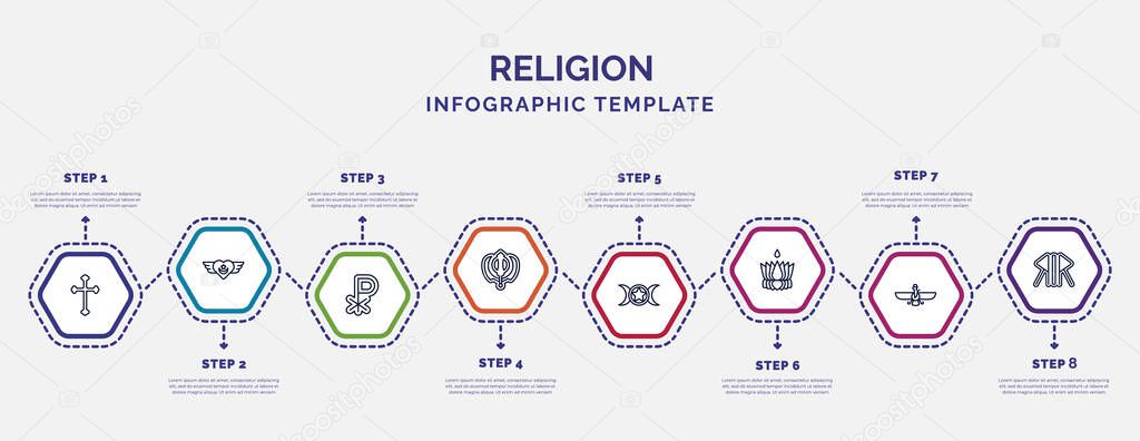 infographic template with icons and 8 options or steps. infographic for religion concept. included catholicism, chi rho, sikhism, wicca, ayyavazhi, faravahar, nordic paganism icons.