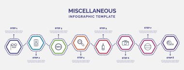 Simgeli ve 8 basamaklı bilgi şablonu. Muhtelif kavramlar için bilgi. Eğlence gözlükleri, yüzde yüz, azalma, muay thai, kamera önü, Almanca, yapıştırıcı bant simgeleri.