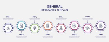 Simgeli ve 8 basamaklı bilgi şablonu. Genel kavram için bilgi. 3D modelleme, iş zekası, insan kaynakları yazılımı, marka farkındalığı, metin yazarlığı, açılış, ar app