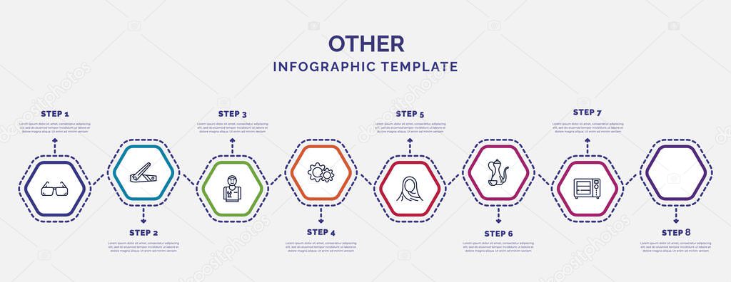 infographic template with icons and 8 options or steps. infographic for other concept. included vintage eyeglasses, nail trimmer, plumbering, tings, muslim woman with hijab, arabic jar, microvawe