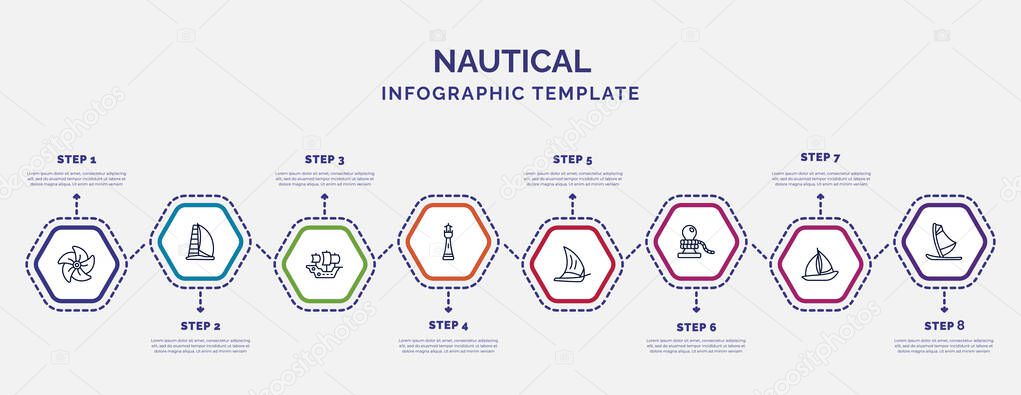 infographic template with icons and 8 options or steps. infographic for nautical concept. included boat screw, caravel, smeaton's tower, felucca, rope tied, windsail, windsurf board icons.