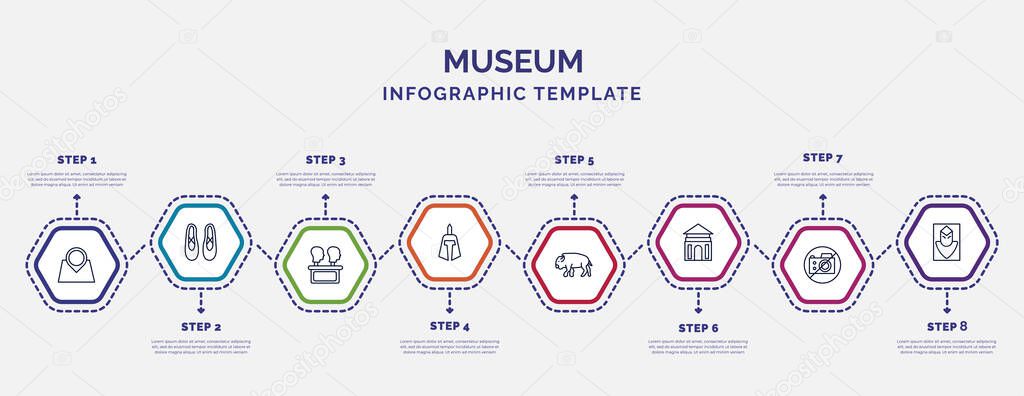 infographic template with icons and 8 options or steps. infographic for museum concept. included tour, remains, roman or greek helmet, buffalo, antic architecture, no photo, el greco icons.