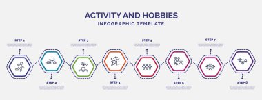 Simgeli ve 8 basamaklı bilgi şablonu. Faaliyet ve hobi konsepti için bilgi. Koşu, hidroponik, parti, langırt, dantel yapımı, komedi, dengeleyici simgeler.