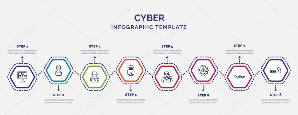 infographic template with icons and 8 options or steps. infographic for cyber concept. included ransomware, hack, hacking, theft, risk, worm, passwords icons.