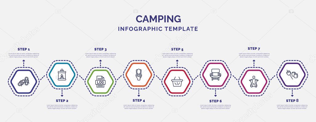 infographic template with icons and 8 options or steps. infographic for camping concept. included rope, log, toilet, basket, folding chair, wingsuit, marshmallow icons.