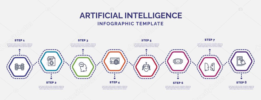 infographic template with icons and 8 options or steps. infographic for artificial intelligence concept. included artificial intelligence, thought, visit, robot, stereoscope, turing test, touch