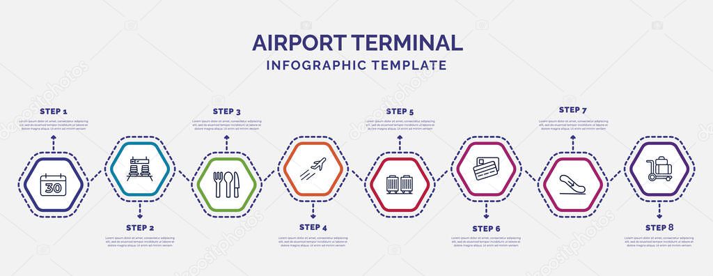 infographic template with icons and 8 options or steps. infographic for airport terminal concept. included calendar day thirty, clutery for lunch, plane flying, picking luggage, two credit cards,