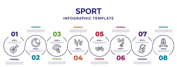 infographic template with icons and 8 options or steps. infographic for sport concept. included dart board, paragliding, aikido, cycling, unicycling handball, mixed martial arts, kendo icons.