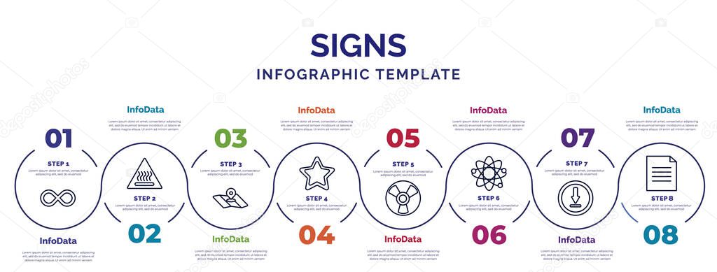 infographic template with icons and 8 options or steps. infographic for signs concept. included infinity, maps and location, favourite star, radioactive, atom, under, text documents icons.