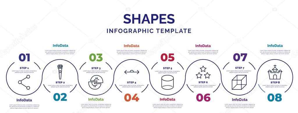 Infographic template with icons and 8 options or steps. infographic for shapes concept. included sharing media, halving, 180 degrees angle, cylinder volumetrical, star with number three, rectangular — Stock Illustration Infographic Template Icons Options Steps Infographic Shapes Concept Included Sharing Stock Illustration