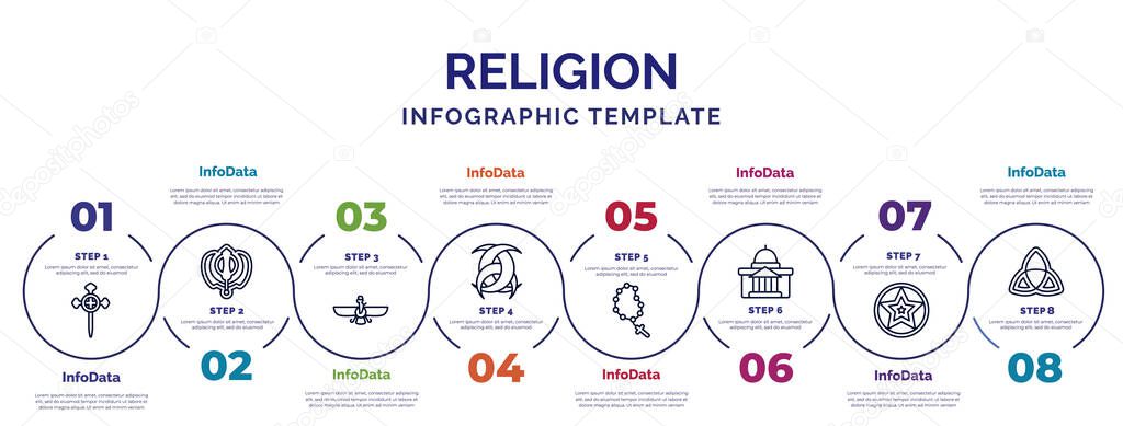 infographic template with icons and 8 options or steps. infographic for religion concept. included aaronic order church, faravahar, odin, bead, vatican, occultism, holy trinity icons.