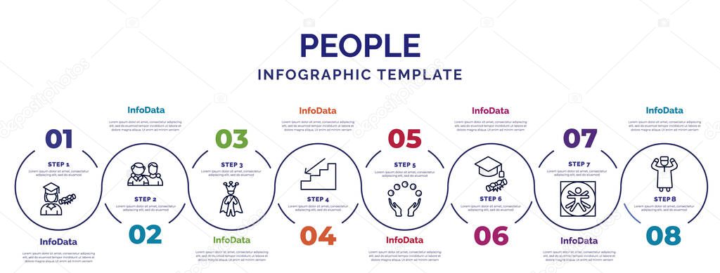 infographic template with icons and 8 options or steps. infographic for people concept. included graduated student, emperor, downstairs, juggling ball, students graduation hat, vitruvian man, takbir