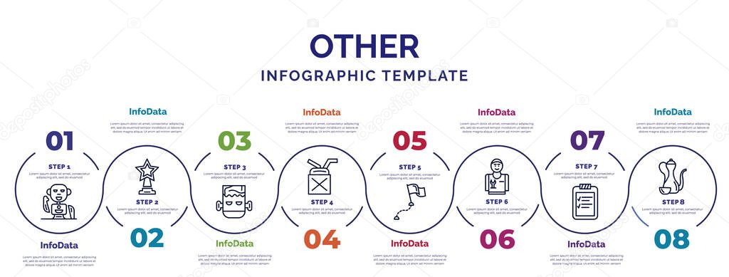 infographic template with icons and 8 options or steps. infographic for other concept. included robot of japan, monster, oil can, milestone, plumbering, prority, arabic jar icons.