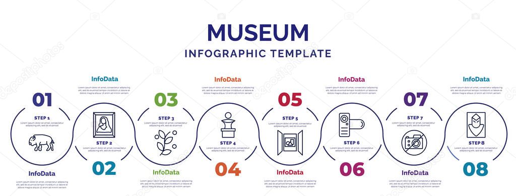 infographic template with icons and 8 options or steps. infographic for museum concept. included buffalo, botanical, sculpture, exhibition, photographic, no photo, el greco icons.