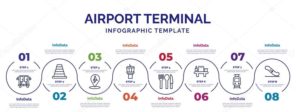 infographic template with icons and 8 options or steps. infographic for airport terminal concept. included airport bus, airport placeholder, tower, clutery for lunch, luggage security, car trolley,