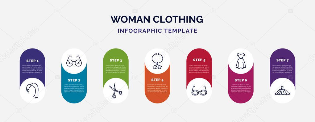infographic template with icons and 7 options or steps. infographic for woman clothing concept. included hair wig with side, eyeglasses, scissors inverted view, star pendant, glasses for eyes,