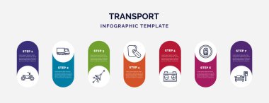 Simgeli bilgi şablonu ve 7 seçenek veya adım. Ulaşım konsepti için bilgi. Dörtlü bisiklet, yol süpürücü, uçuşlar, eller serbest cihaz, atölye tamiri, tramvay durağı etiketi, araba park yeri
