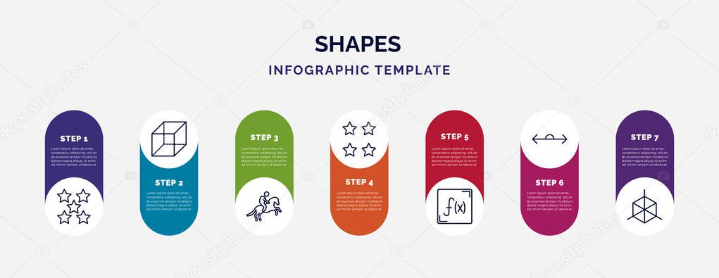 Infographic template with icons and 7 options or steps. infographic for shapes concept. included star with number five, rectangular prism, horseman, star with number four, function, 180 degrees — Stock Illustration Infographic Template Icons Options Steps Infographic Shapes Concept Included Star Stock Vector