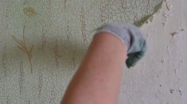Duvardan eski duvar kağıtlarını spatula ve doğaçlama araçlarla kazımak, kendi başına bir apartman dairesini onarmak.