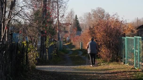 Äldre kvinna engagerad i skandinavisk gång — Stockvideo