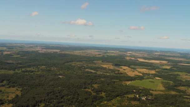Пейзаж зеленый лес и поля, вид сверху — стоковое видео