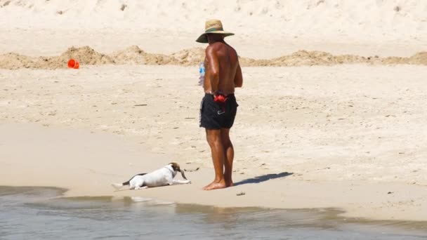Mannen på stranden med sin hund — Stockvideo
