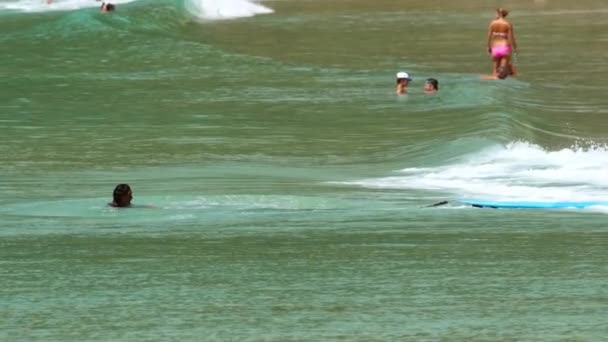 Неопознанный серфер и туристы в волнах — стоковое видео