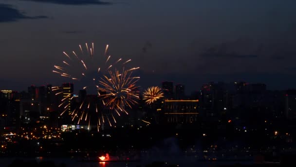 Vuurwerk met stadsgezicht in de schemering — Stockvideo